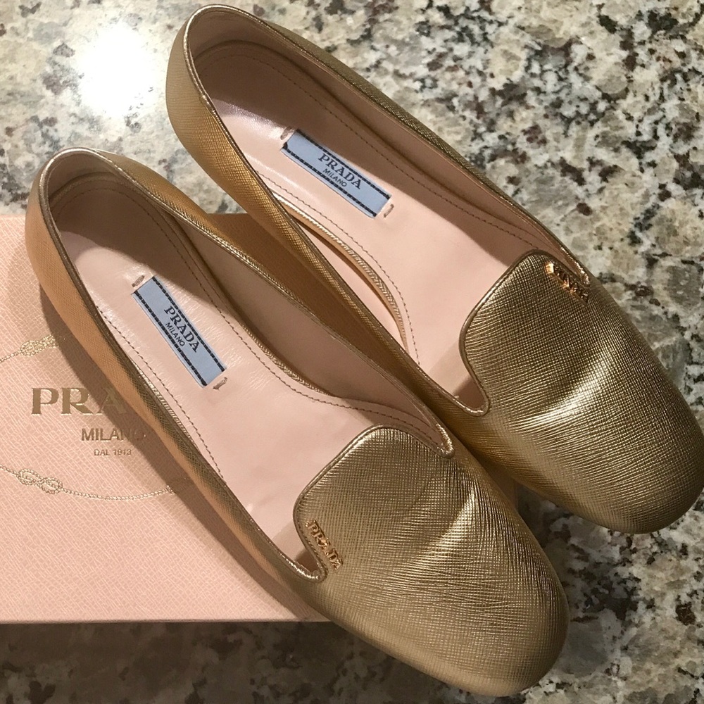 Prada "Smoking Loafer" in gold Saffiano leather